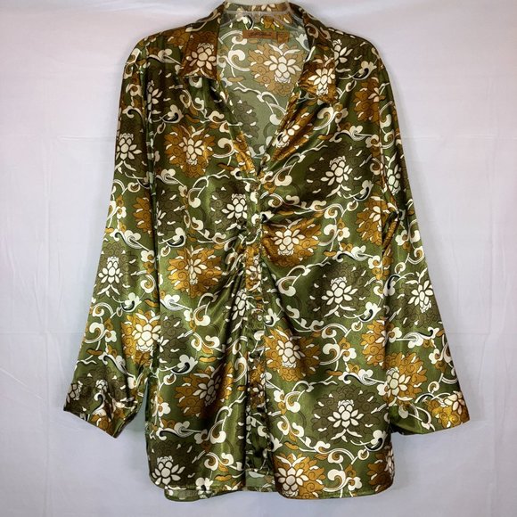Gold Flava Satin Ruched Button Down Floral Print Blouse Plus Size 18 - Picture 3 of 16